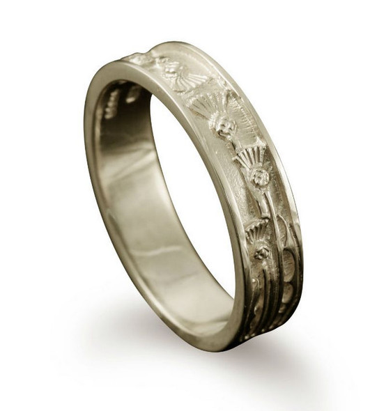 Scotland Thistle Narrow Ladies Wedding 9K White Gold Ring Band Sizes R-Z