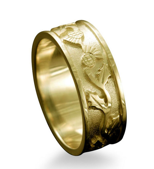 Scotland Thistle Wide Ladies Wedding 18K Yellow Gold Ring Band Sizes R-Z