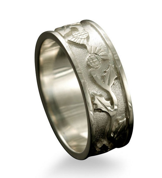 Scotland Thistle Wide Ladies Wedding 18K White Gold Ring Band Sizes A-Q
