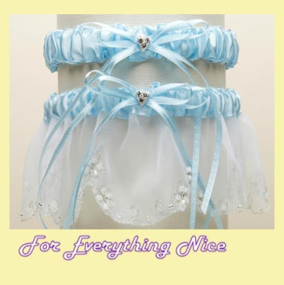 White Blue Dainty Floral Chain Organza Wedding Bridal Garter Set