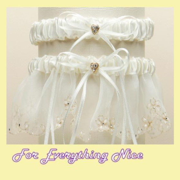 Ivory Dainty Floral Chain Organza Wedding Bridal Garter Set
