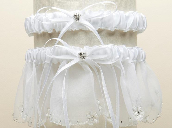 White Dainty Floral Chain Organza Wedding Bridal Garter Set