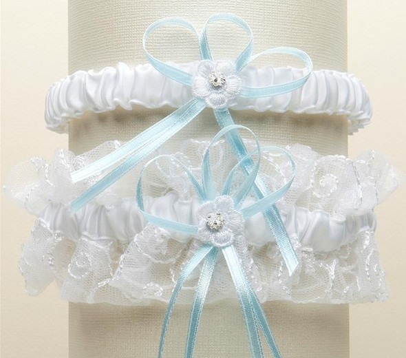 White Blue Embroidered Tulle Vines Floral Wedding Bridal Garter Set