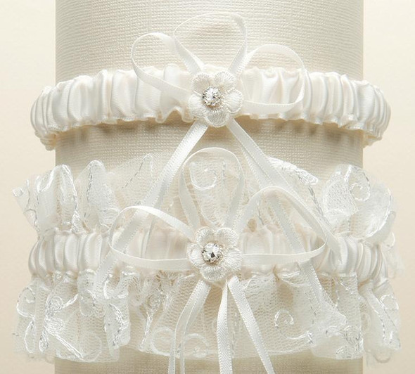 Ivory Embroidered Tulle Vines Floral Wedding Bridal Garter Set