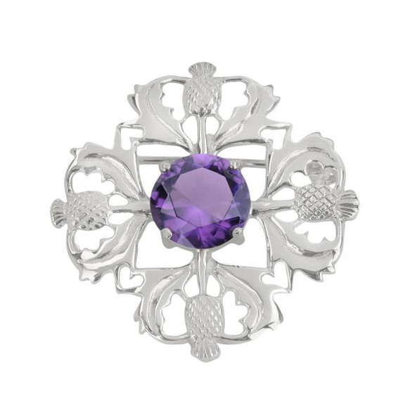 Scottish Thistle Purple Amethyst Floral Emblem Design Sterling Silver Brooch