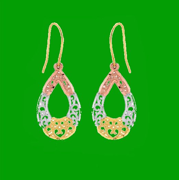 10K Tri-Colour Gold Fancy Open Oval Textured Drop Earrings