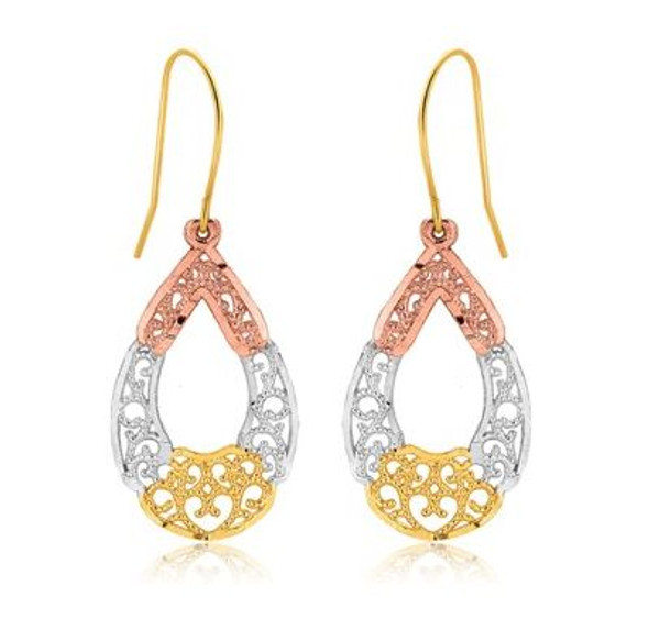 10K Tri-Colour Gold Fancy Open Oval Textured Drop Earrings