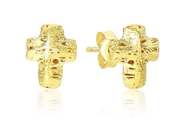 14K Yellow Gold Puff Textured Cross Stud Earrings