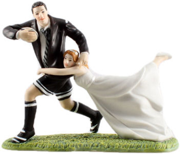 A Love Match Rugby Couple Hand Painted Porcelain Wedding Cake Topper For Hire