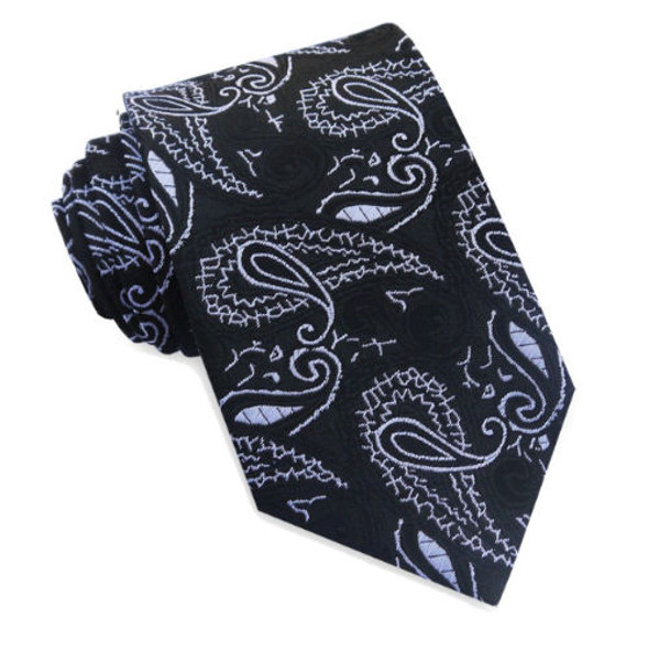 White Black Paisley Pattern Formal Wedding Straight Mens Neck Tie