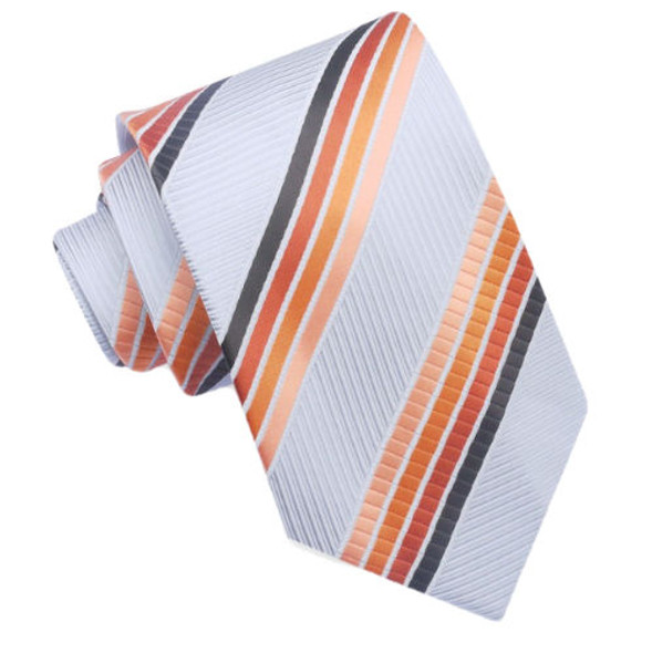 Orange Brown Light Grey Stripes Formal Wedding Straight Mens Neck Tie