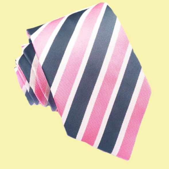 Pink White Dark Grey Diagonal Stripes Formal Wedding Straight Mens Neck Tie