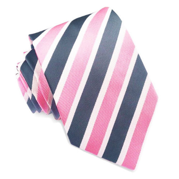 Pink White Dark Grey Diagonal Stripes Formal Wedding Straight Mens Neck Tie