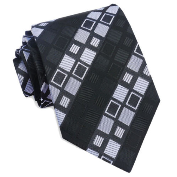 White Grey Black Square Thatch Pattern Formal Wedding Straight Mens Neck Tie