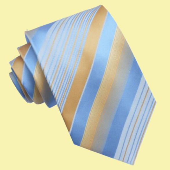 Light Blue Gold White Diagonal Stripes Formal Wedding Straight Mens Neck Tie