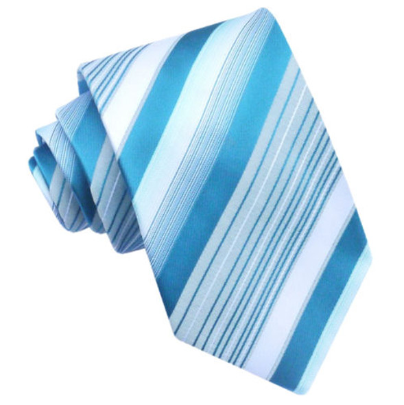 Turquoise Blue White Diagonal Stripes Formal Wedding Straight Mens Neck Tie