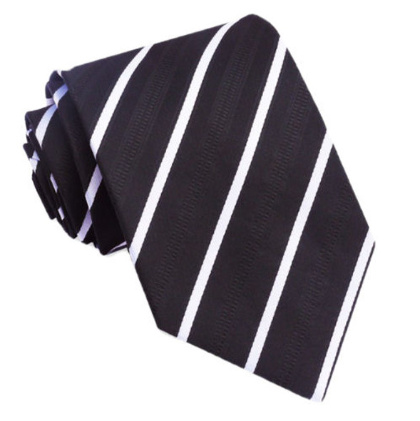 Black White Diagonal Thin Stripes Formal Wedding Straight Mens Neck Tie