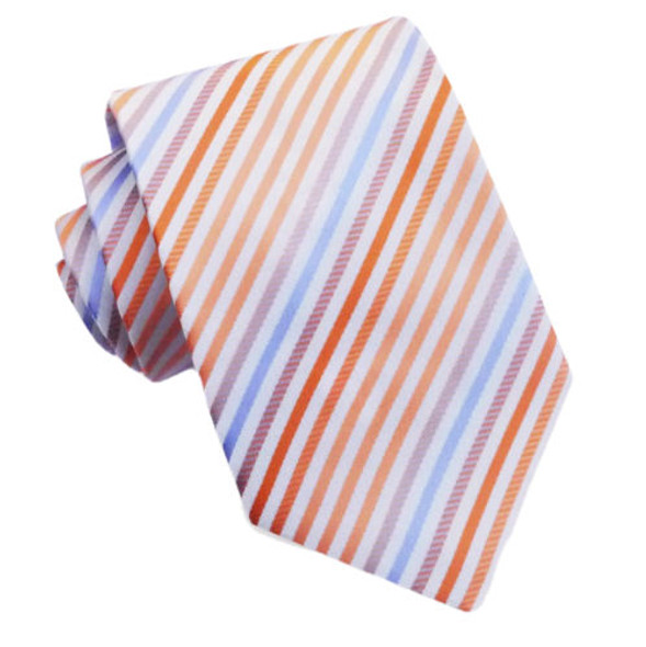 Orange Coral Lavender Diagonal Stripes Formal Wedding Straight Mens Neck Tie