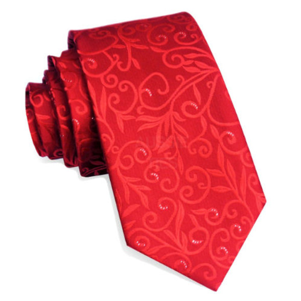 Scarlet Red Floral Embossed Pattern Formal Wedding Straight Mens Neck Tie