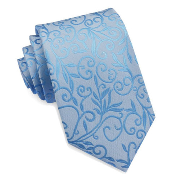 Light Blue Floral Embossed Pattern Formal Wedding Straight Mens Neck Tie