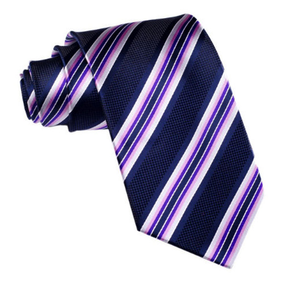 Silver Pink Purple Navy Stripes Formal Wedding Straight Mens Neck Tie