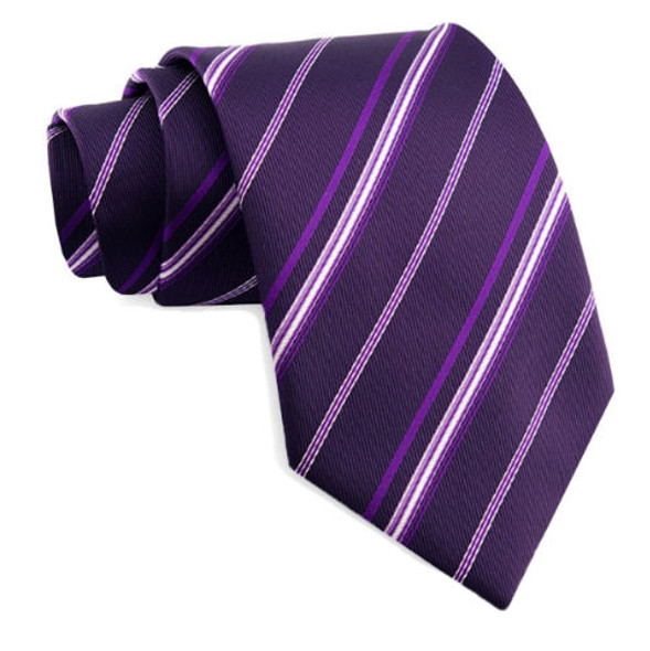 Dark Purple Lavender White Stripes Formal Wedding Straight Mens Neck Tie