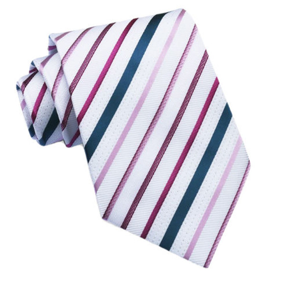 White Deep Aqua Pink Purple Stripes Formal Wedding Straight Mens Neck Tie