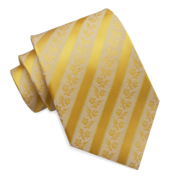 Gold Yellow Floral Embossed Stripes Formal Wedding Straight Mens Neck Tie