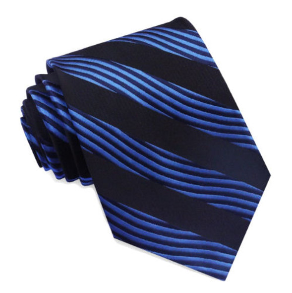 Black Electric Blue Wave Stripes Formal Wedding Straight Mens Neck Tie