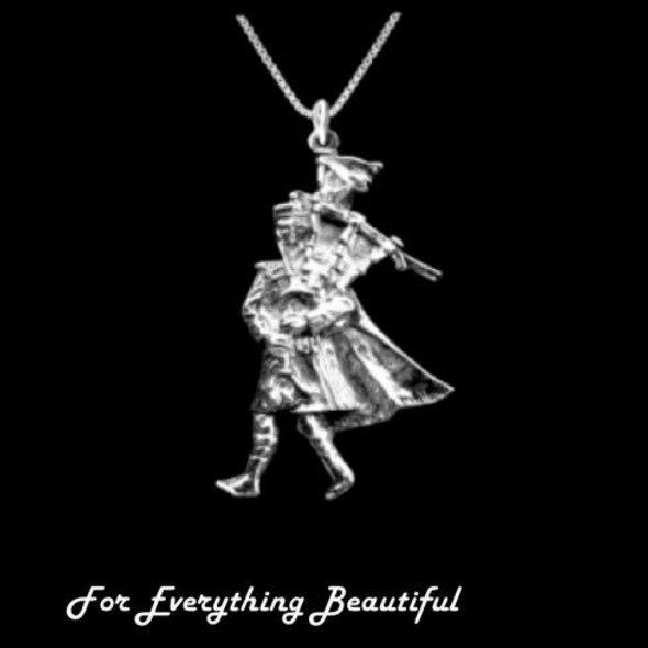 Walking Bagpiper Antiqued Sterling Silver Pendant