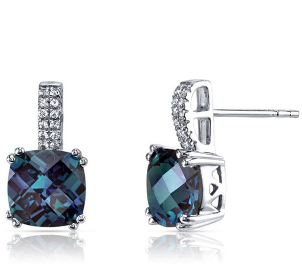 Alexandrite Cushion Cut White Topaz Accent 14K White Gold Earrings