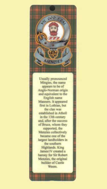 Menzies Clan Badge Clan Menzies Tartan Laminated Bookmark