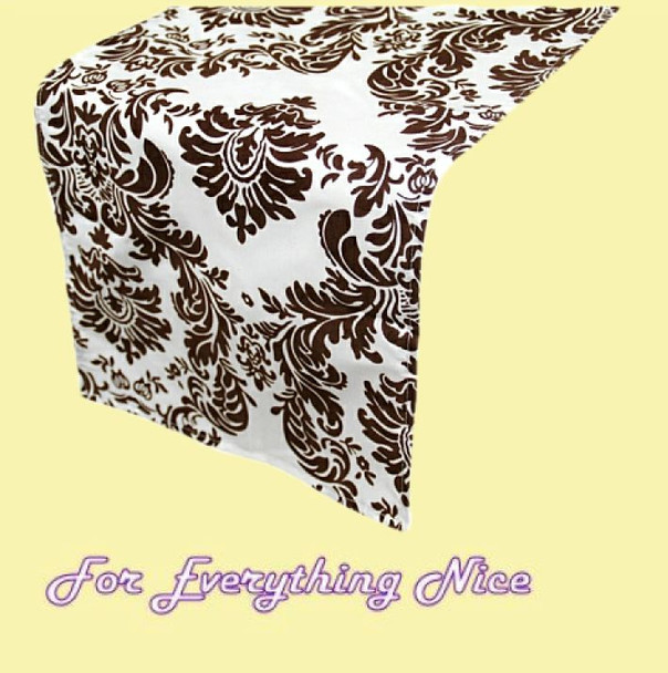 Chocolate White Damask Flocking Taffeta Wedding Table Runners Decorations x 10 For Hire Chocolate White Damask Flocking Taffeta Wedding Table Runners Decorations x 10 For Hire