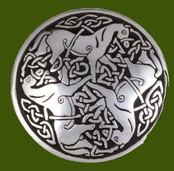 Inverurie Horses Embossed Round Antiqued Stylish Pewter Brooch