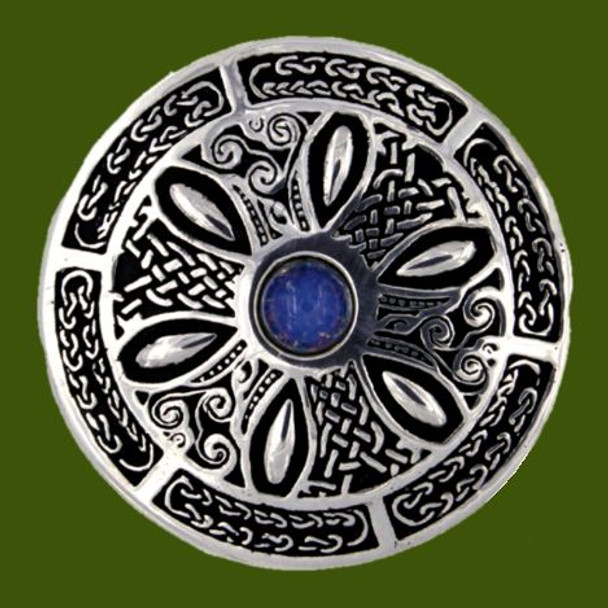 Opal Celtic Wheel Embossed Round Antiqued Stylish Pewter Brooch