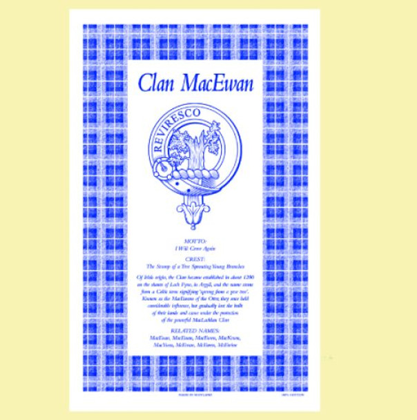 MacEwan Clan Scottish Blue White Cotton Printed Tea Towel