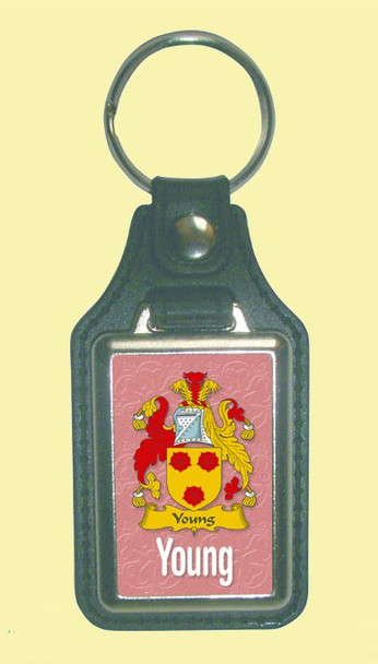 Young Coat of Arms English Family Name Leather Key Ring Set of 2