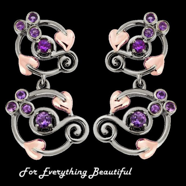 Origin Purple Amethyst Drop Welsh Rose Gold Detail Sterling Silver Earrings