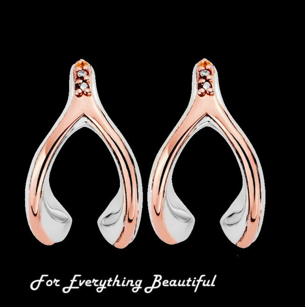 Wishbone Diamond Welsh Rose Gold Detail Stud Sterling Silver Earrings