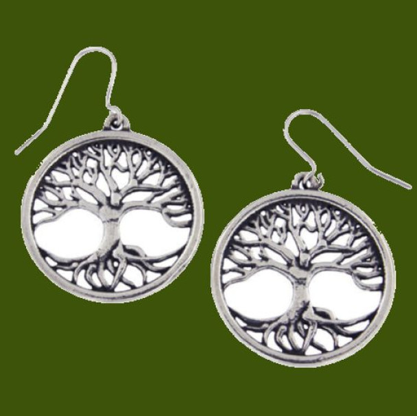 Tree Of Life Round Sheppard Hook Stylish Pewter Earrings