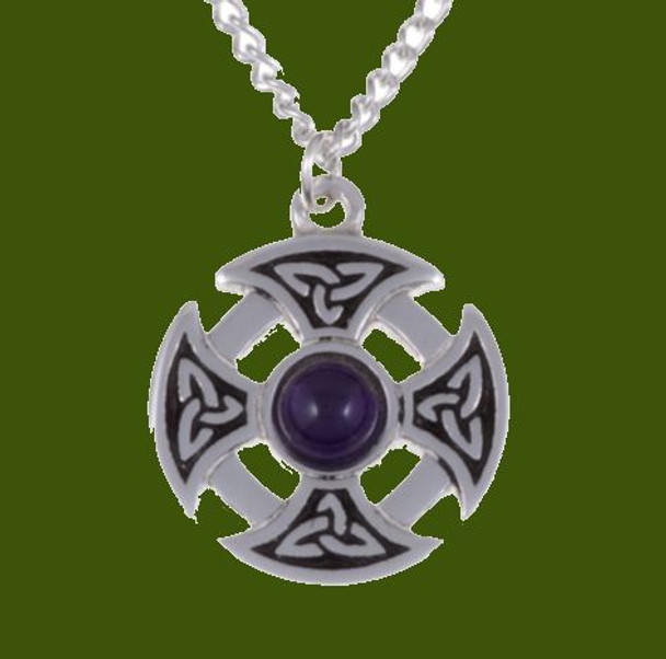 Celtic Cross Knotwork Amethyst Circular Small Stylish Pewter Necklace