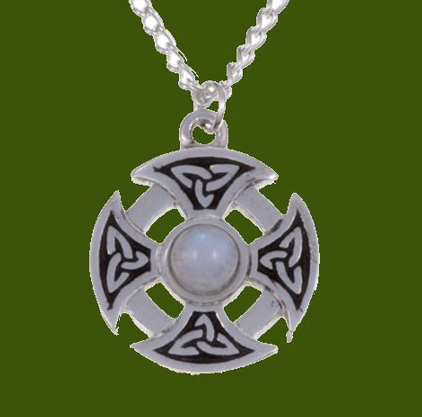 Celtic Cross Knotwork Rainbow Moonstone Circular Small Stylish Pewter Necklace