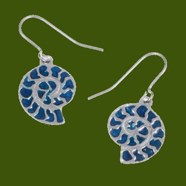Ammonite Shell Blue Enamel Drop Sheppard Hook Stylish Pewter Earrings