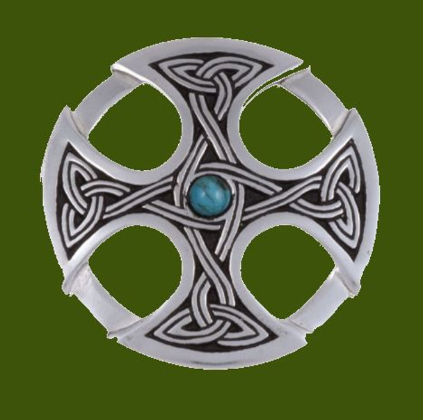 Nevern Celtic Cross Knotwork Turquoise Circular Stylish Pewter Pendant