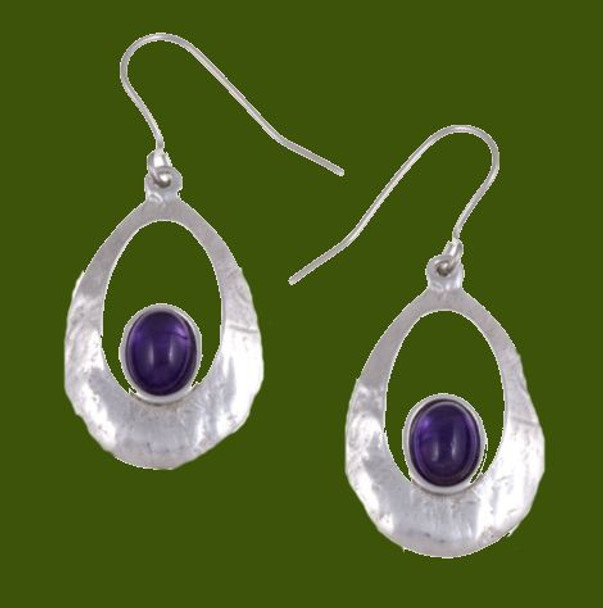 Slate Textured Oval Amethyst Stylish Pewter Sheppard Hook Earrings