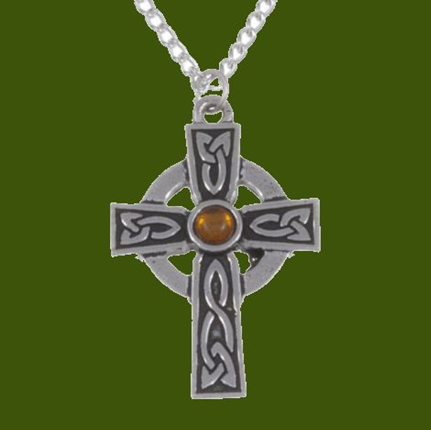 Saint Petroc Celtic Cross Knotwork Amber Stylish Pewter Pendant
