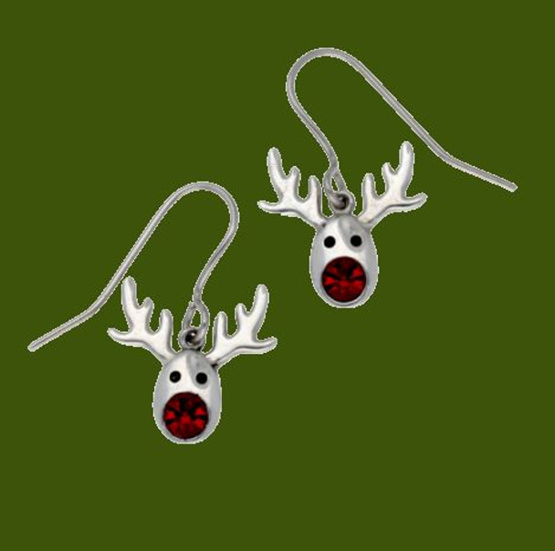 Rudolph Reindeer Red Crystal Christmas Sheppard Hook Stylish Pewter Earrings