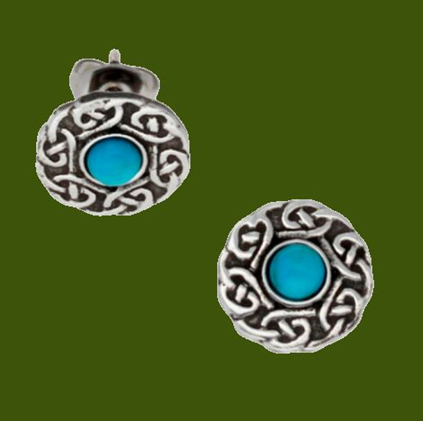 Celtic Knotwork Round Turquoise Glass Stone Small Stud Stylish Pewter Earrings