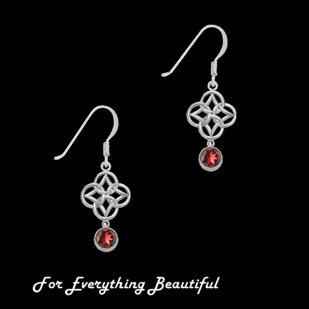 Red Garnet Endless Celtic Knotwork Sterling Silver Earrings