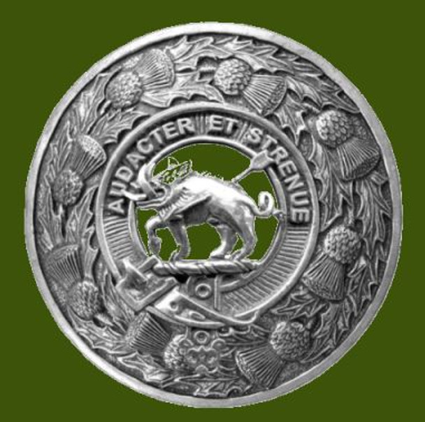 Pollock Clan Crest Thistle Round Stylish Pewter Clan Badge Plaid Brooch